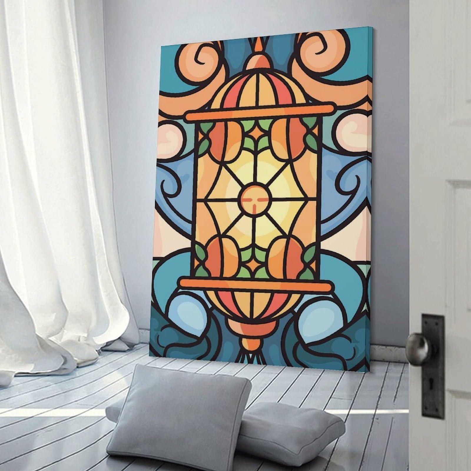 Canvas Wall Decor Stained Glass Lantern with Sun Motif, 20x30inch(50x75cm), for Bedroom Decor, Cosy Corners Or Studios, Decorative Wall Art for Cosy Rooms