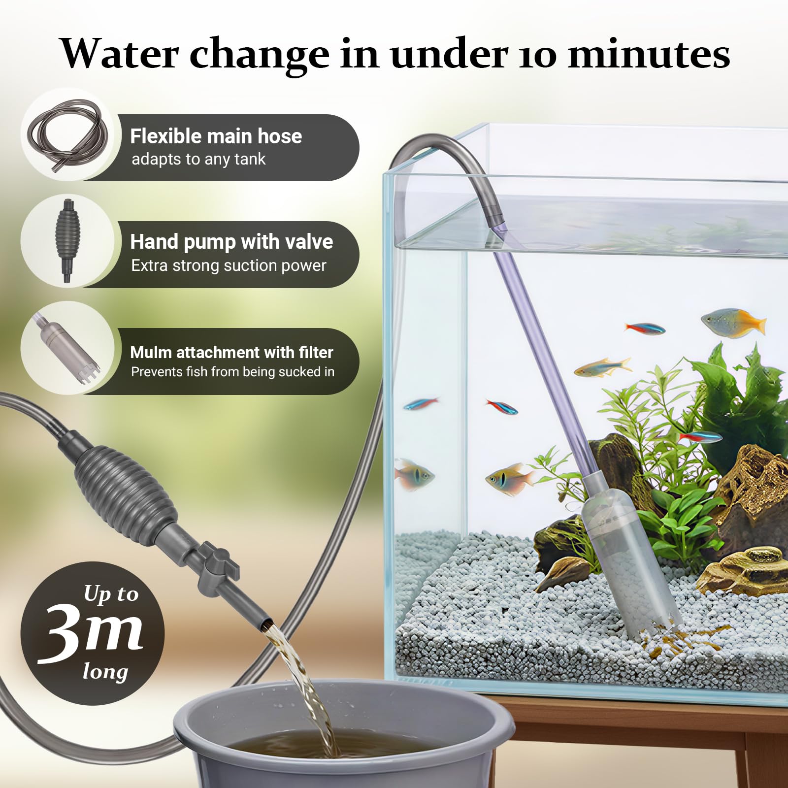Siphon Aquarium 3 m Tuyau Nettoyeur de Gravier avec Tube Rigide 70 cm, Robinet Marche/Arrêt, Filtre, Buse Bec de Canard, Protection Sable et Support pour Nettoyage Aquarium