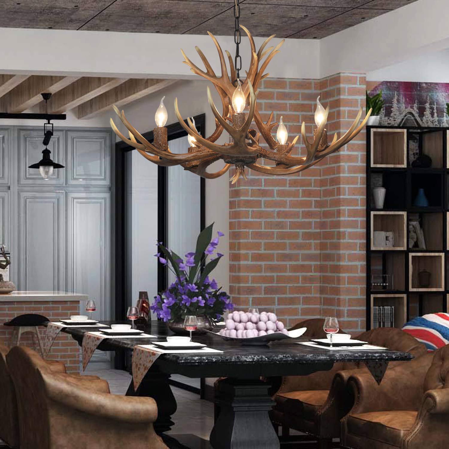 SYAXVOM Antler Chandelier 5 Light,Deer Resin Rustic Vintage Style Pendant Light for Living Room,Dining Room,Bedroom Balcony Bar and Cafe