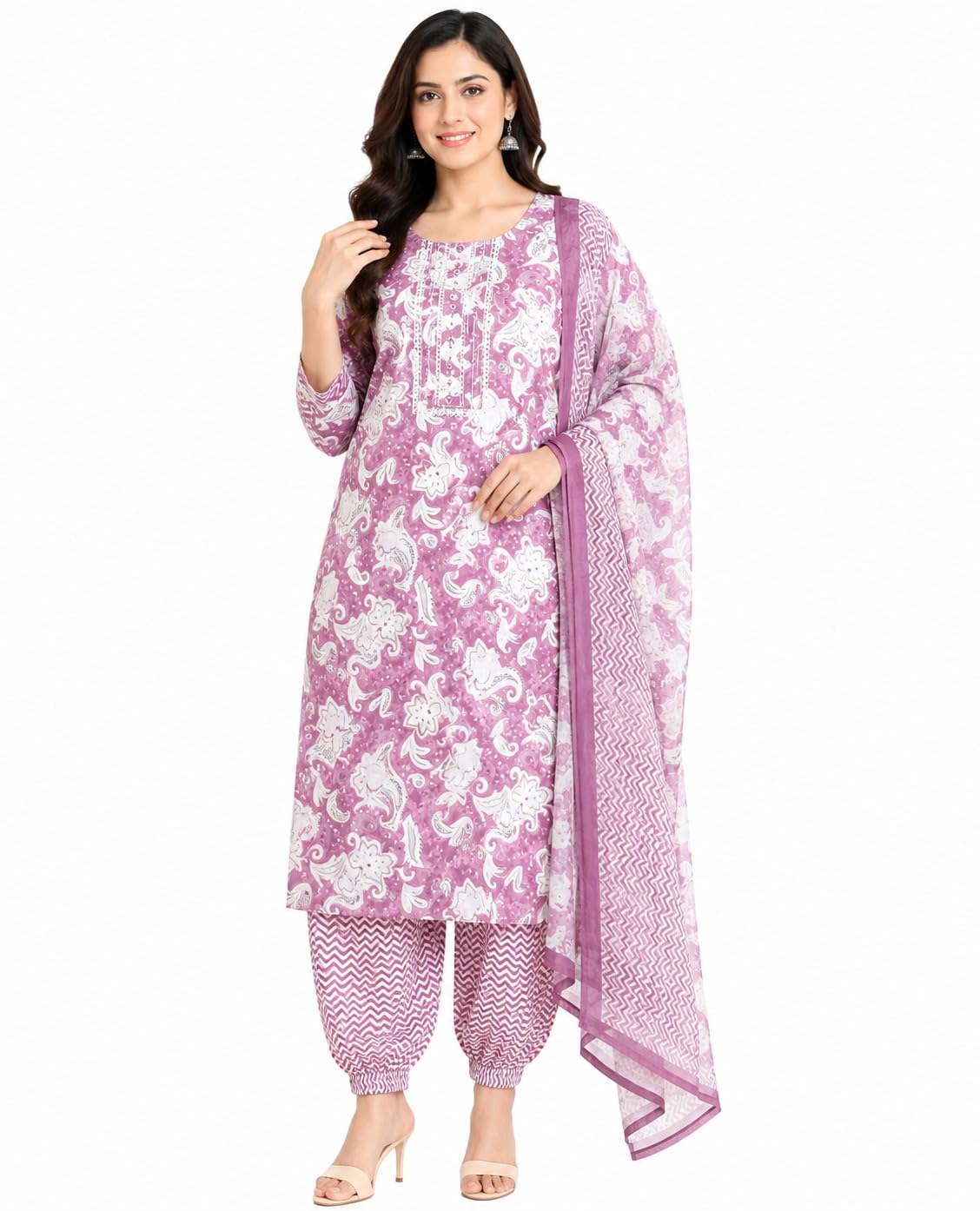 Women's Floral Printed Kurta Pant Dupatta Set | Cotton Blend Ethnic Suit Set | Straight Kurta with Printed Pants & Matching Dupatta | Festive, Casual & Office-image-6