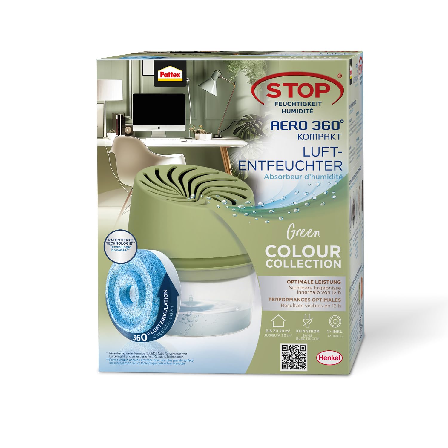 Pattex AERO 360° Deshumidificador Compacto Colección Color Verde, 1 aparato incl. 1 pastilla de recarga, de ambiente para una circulación eficaz del aire, de ambiente reduce la humedad del aire
