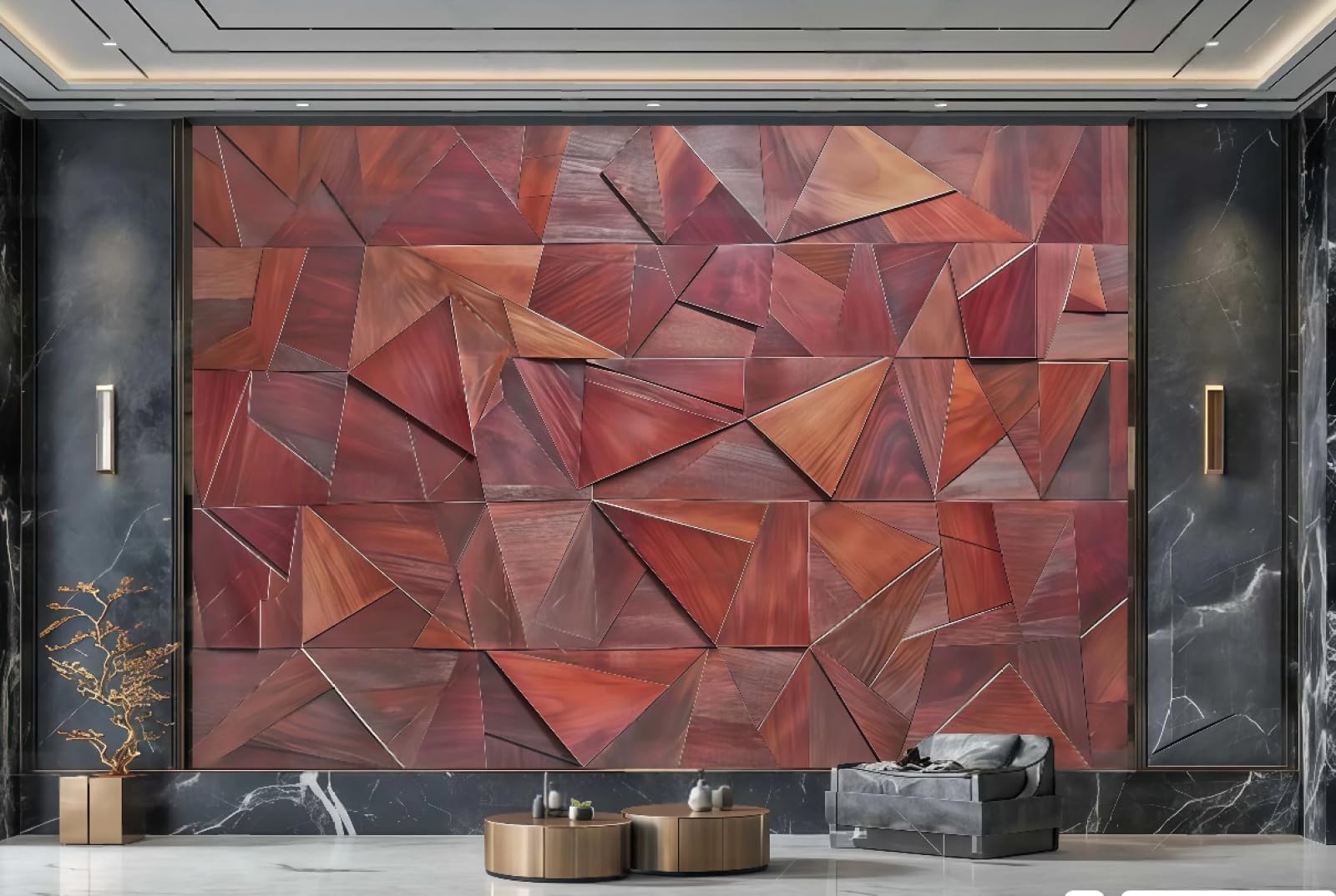 Tapeta nowoczesna minimalistyczna mahoń sztuka trójkąt kolaż geometryczny słoje drewna tłoczony obraz telewizor sofa tło tapeta ścienna salon restauracja kawiarnia, 3D, 430x300 cm