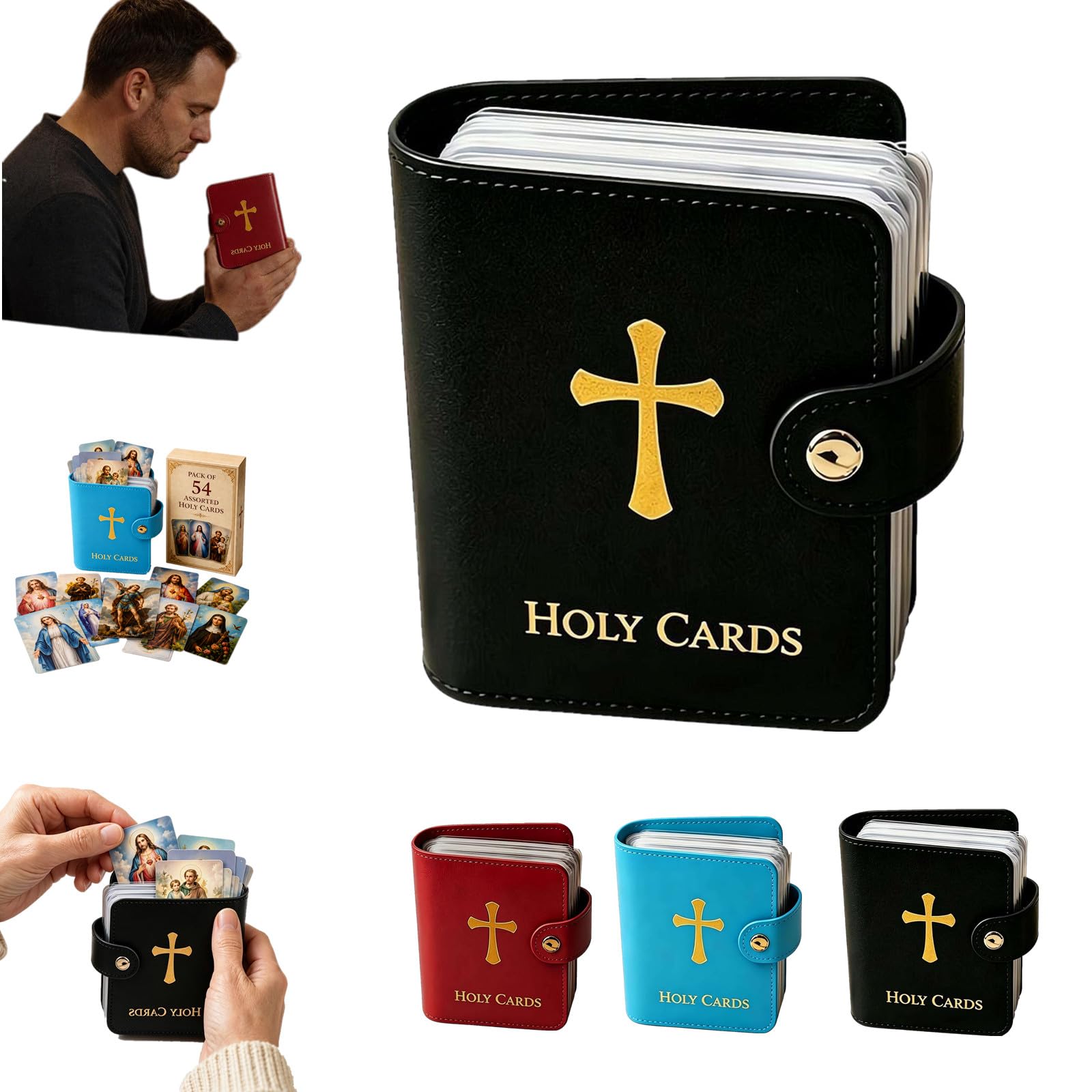 Catholic Genuine Leather Holy Card Holder,Pocket Prayer Card Organizer with Snap Closure,Portable Booklet Case,Book Faux Case Album Carrying Worship Funeral Anima Christi Relic Cross Water Bible Box