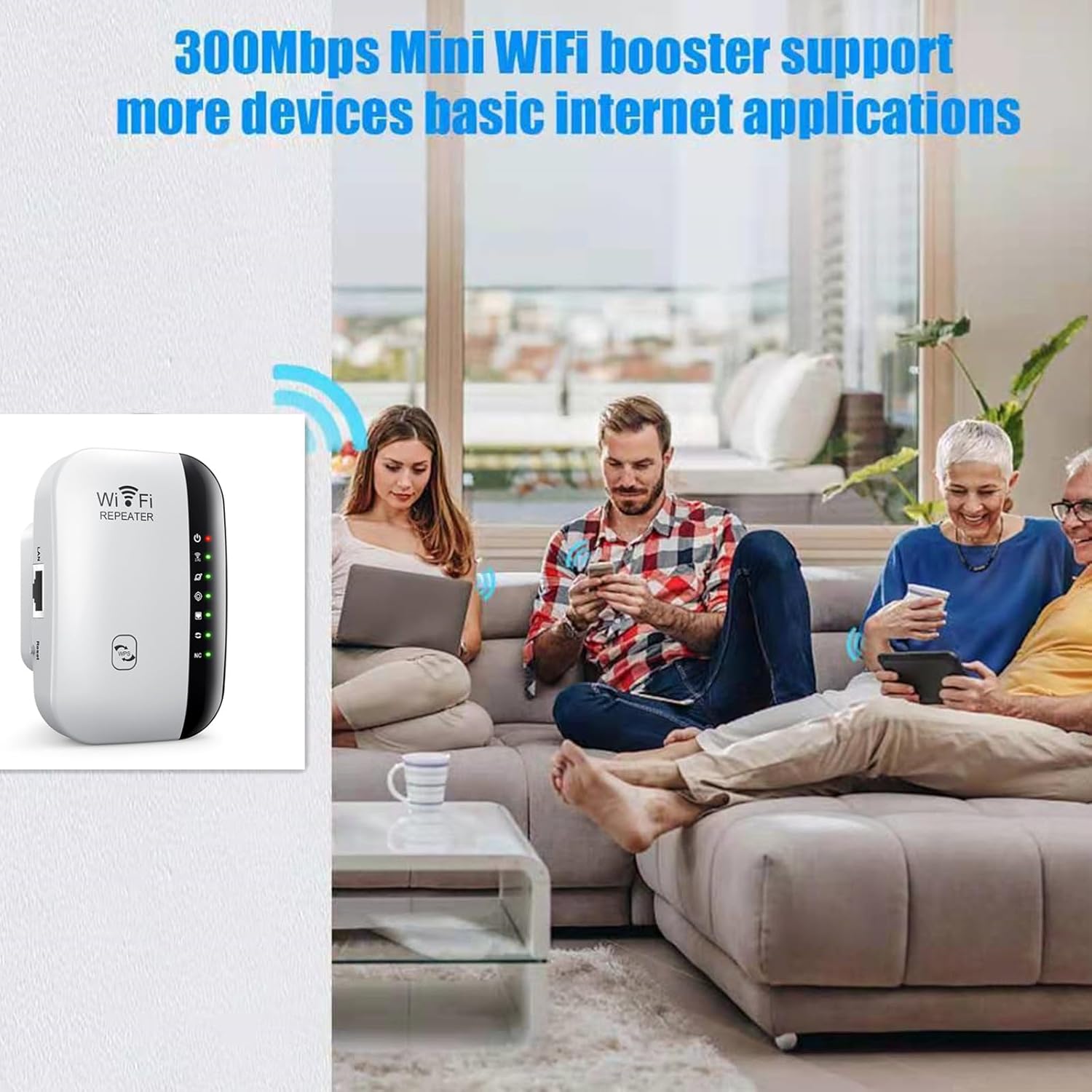 A family using various devices (laptop, smartphone, tablet) in a living room, with a small inset image of the WiFi Repeater, illustrating its ability to support multiple devices and basic internet applications.