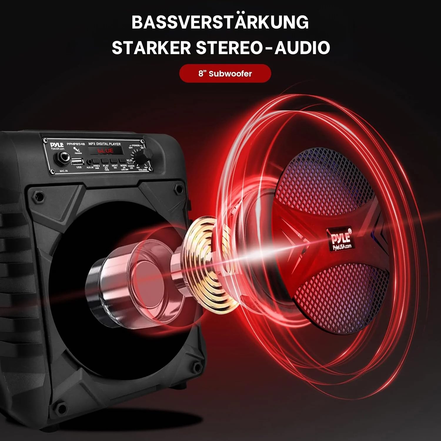 Pyle Partybox - Bluetooth Lautsprecher Groß, PA Anlage, Musikbox, Karaoke Box, 300W, 8" Subwoofer, Tragbare Musikboxen mit wiederaufladbarem Akku, Bluetooth Box mit Party Lichtern, MP3/USB, FM Radio