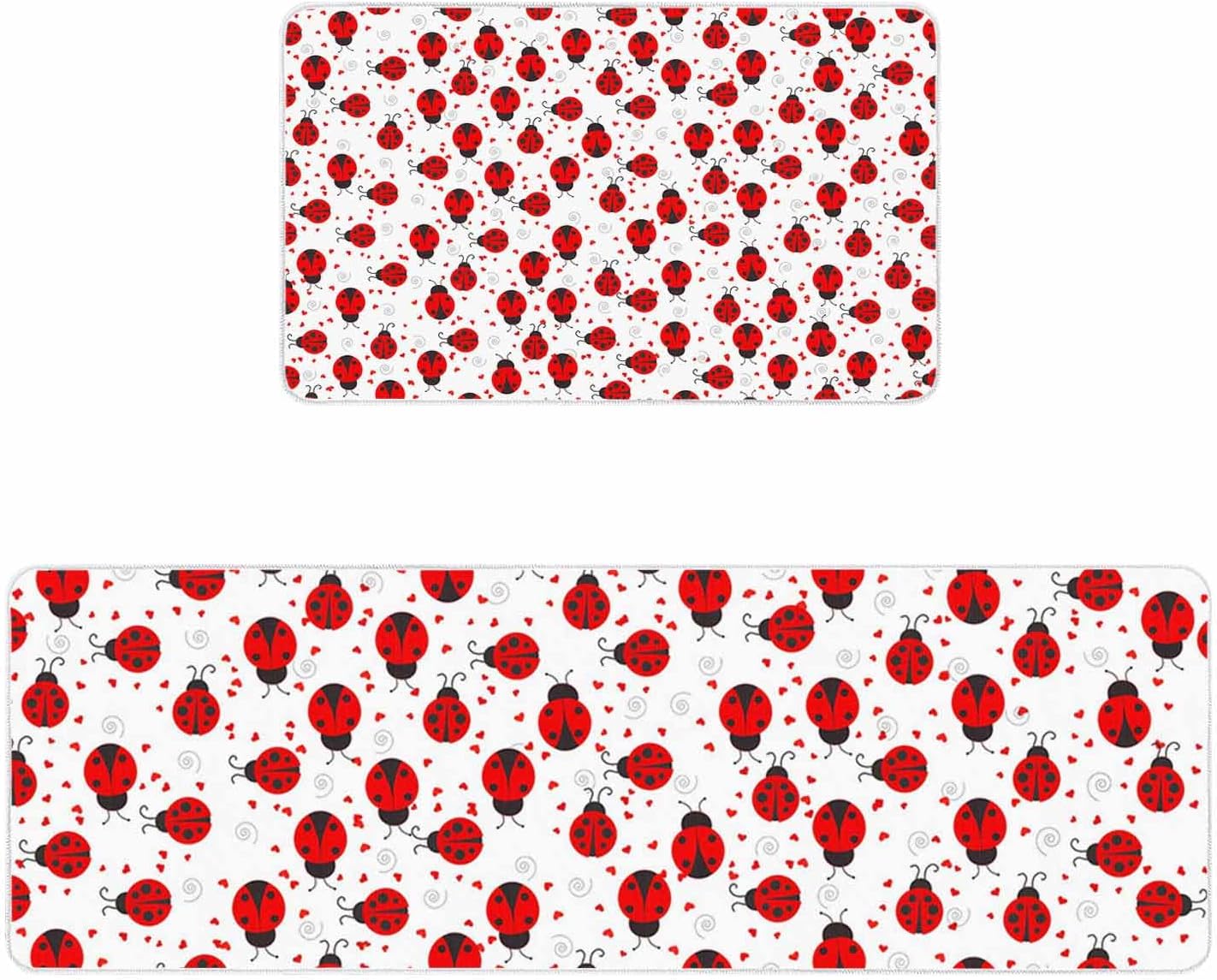 Red Seven Star Ladybirds Kitchen Rug and Mat,Washable Floor Mats Standing Cushioned Set of 2,Country Insects Pattern Slip-Proof Doormat Runner Rugs for Indoor Bathroom Laundry Sink
