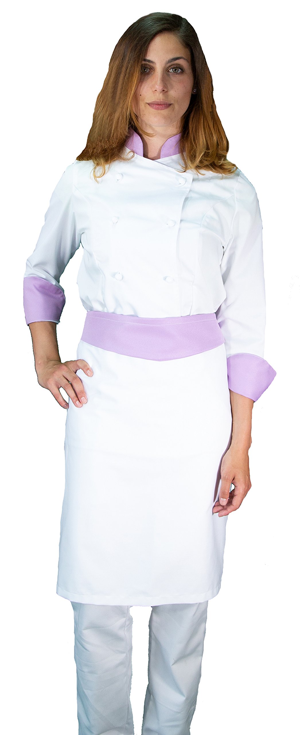 Ricamo Gratuito - Completo Cuoco da Cucina - Bianco e Lilla - Divisa Chef Donna - Pantalone, Giacca e Grembiule - Made in Italy