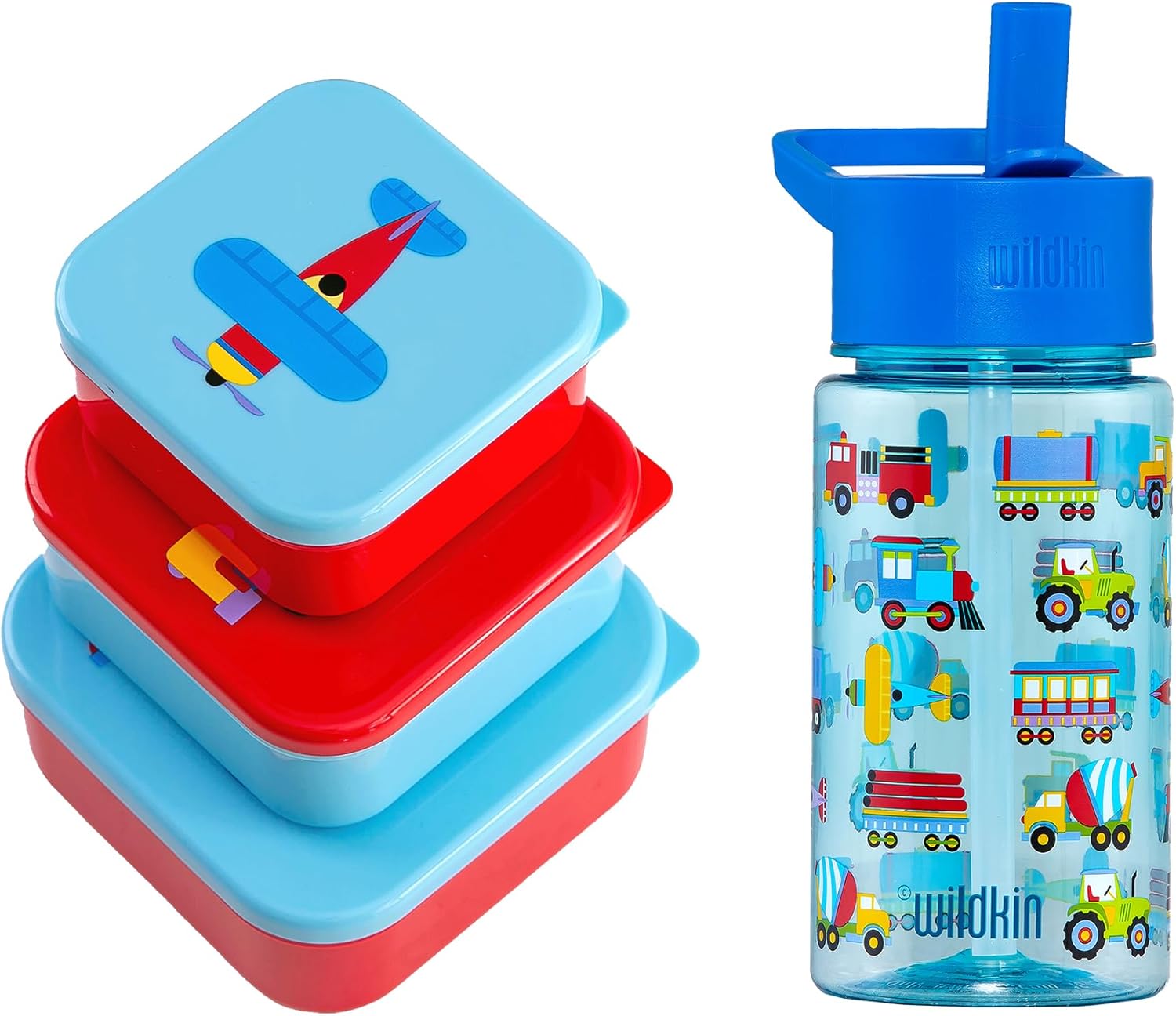 Wildkin 16 Oz Tritan Water Bottle and Nested Snack Containers Bundle for Organize and On-the-Go Refreshment (Trains, Planes & Trucks)