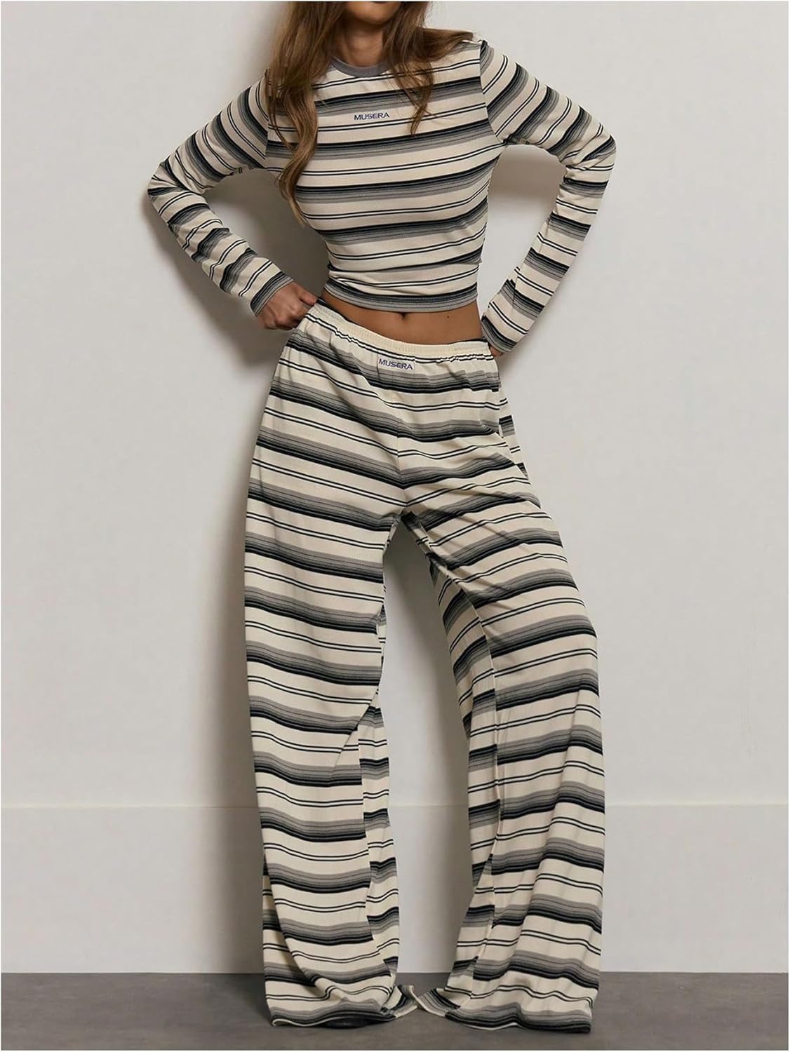 SOLY HUX Women's Striped Wide Leg Pants Elastic Waist Baggy Lounge Pants Casual Long Trousers - Image 5