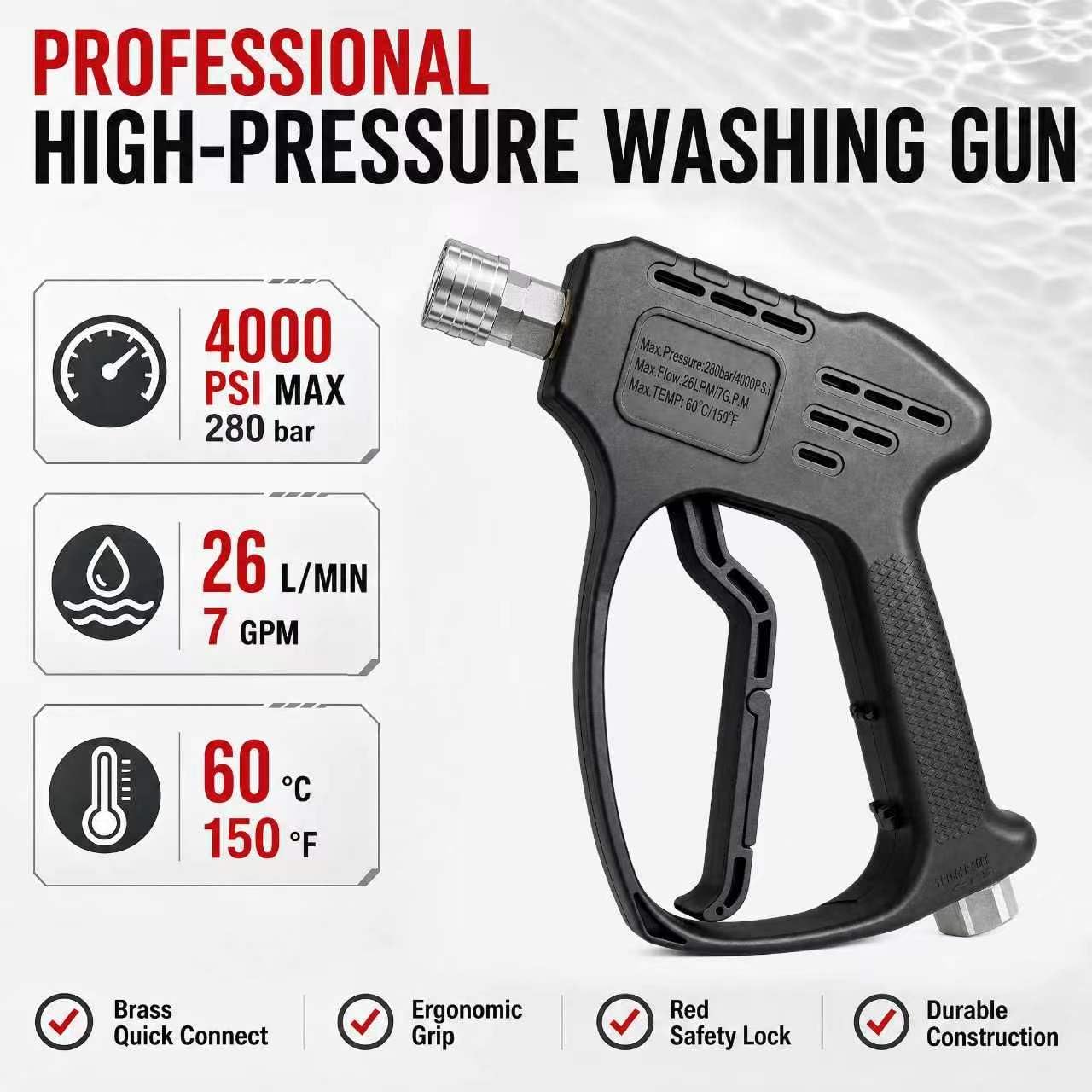 Pressure Washer Short Gun,Sturdy 4000PSI Short Power Washer Wand Carwash Spray Foam Gun Handle with 3/8 Plug & M22-14mm & M22-15mm and 5 nozzles