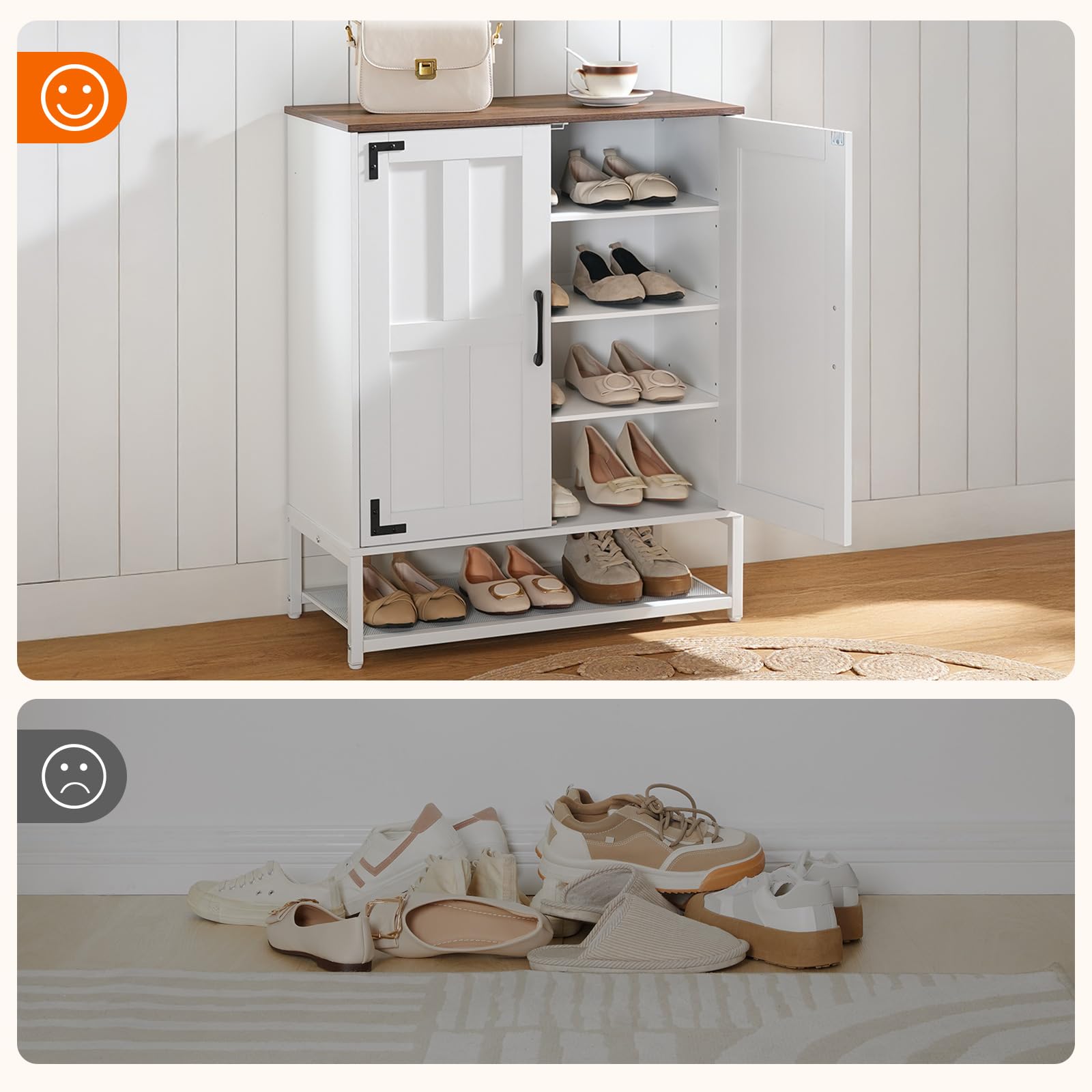 HOOBRO Meuble à Chaussures, Rangement Chaussures de Style Maison des Campagne à 6 Niveaux avec Étagères Réglables, Meuble pour Entrée, Chambre, Dressing, Blanc et Noyer EWH44SC01