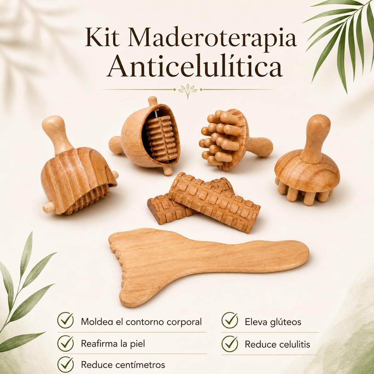 Kit Maderoterapia Anticelulítica | Maderoterapia | Kit compuesto de 7 Elementos Fabricados en Madera de Pino y Loto Natural | Ideal para Masajes | Diseños Exclusivos Maderoterapia Estética España