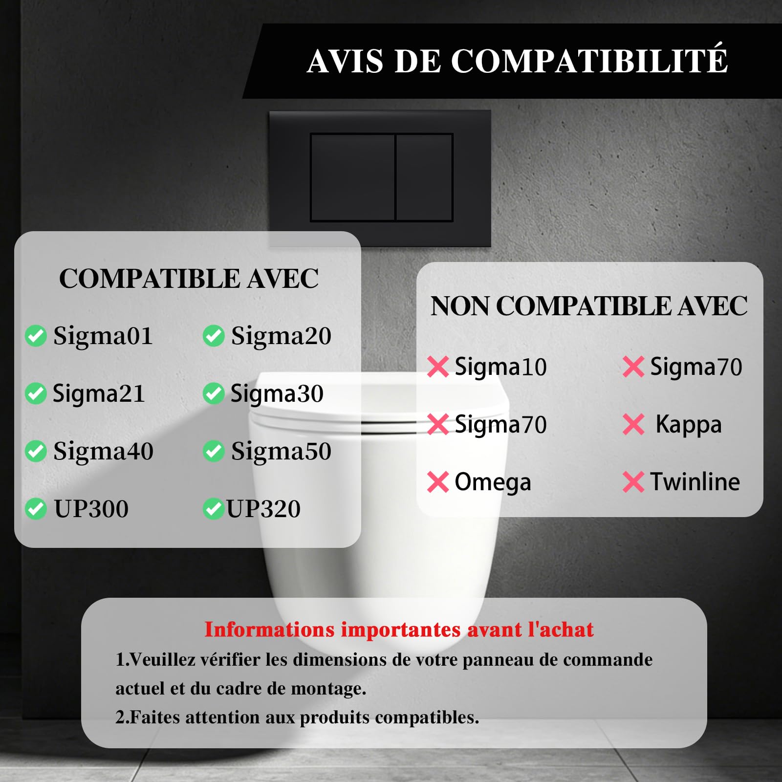 Plaque de commande WC suspendu，Compatible avec Geberit Sigma Gamme， UP300 & UP320，équipé d'une ceinture de régulation de débit et d'un panneau fixe ，Dimensions 246 × 164 mm | Mat（noir）