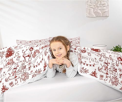Vista 22 de Juego de funda de edredón rosa de Navidad para niñas, tamaño matrimonial, lindo juego de ropa de cama de dibujos animados de pingüino de Papá Noel