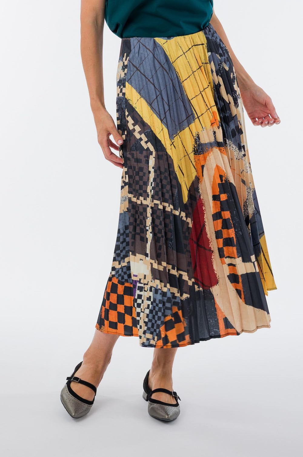 Gonna Plissettata con Fantasia Astratta Multicolore