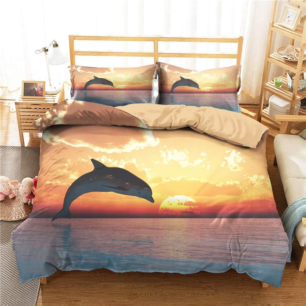 Housse de couette 220x240 dauphin 3D parure de lit 2 personnes microfibre avec fermeture éclair