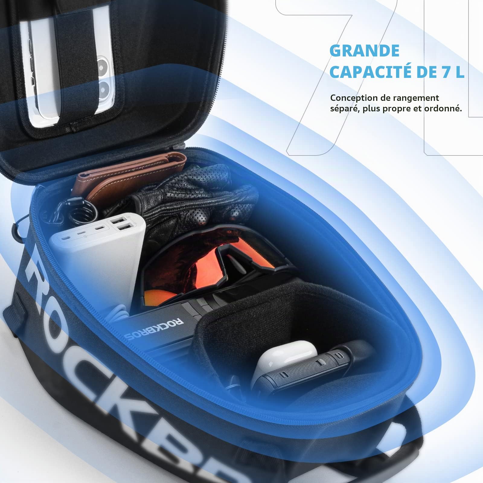 ROCKBROS Sac de réservoir rigide 7 L étanche - Housse de pluie - Pour téléphone tactile <7 pouces - Noir