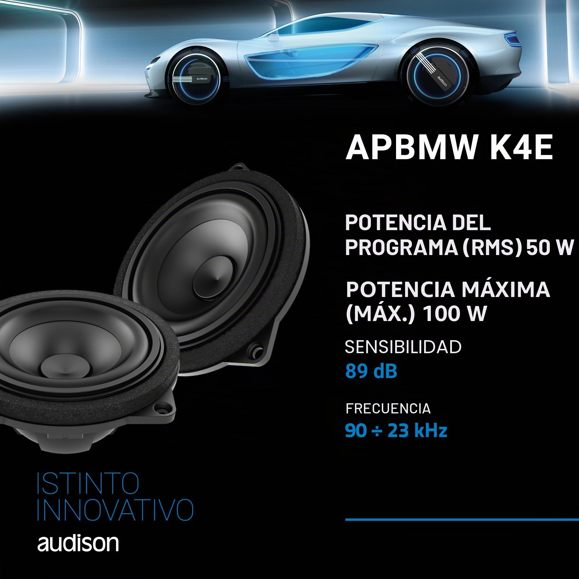 Audison APBMW K4E – Kit de Altavoces de 2 vías específico para BMW con Medios de 100 mm y Tweeter Tetolon®, instalación Frontal Plug & Play, 100 W máx