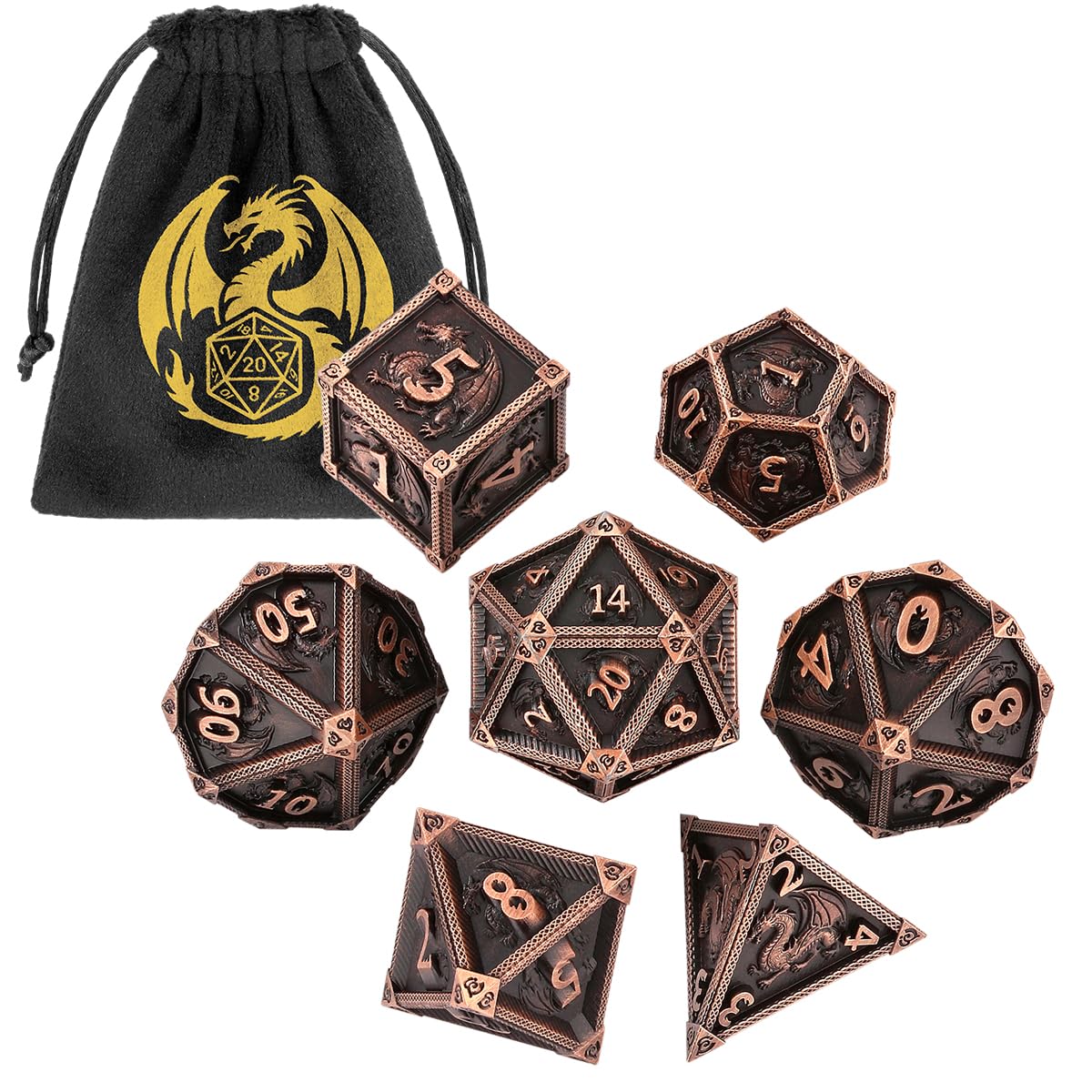 Metal Dice Set, Fly Dragon Pattern, 7pcs Polyhedral Metal DND Dice Set, DND Starter Set, D&D Gifts with Gift Bag, Role Playing Board Games Accessories, Red Copper ๏ปฟ ๏ปฟ