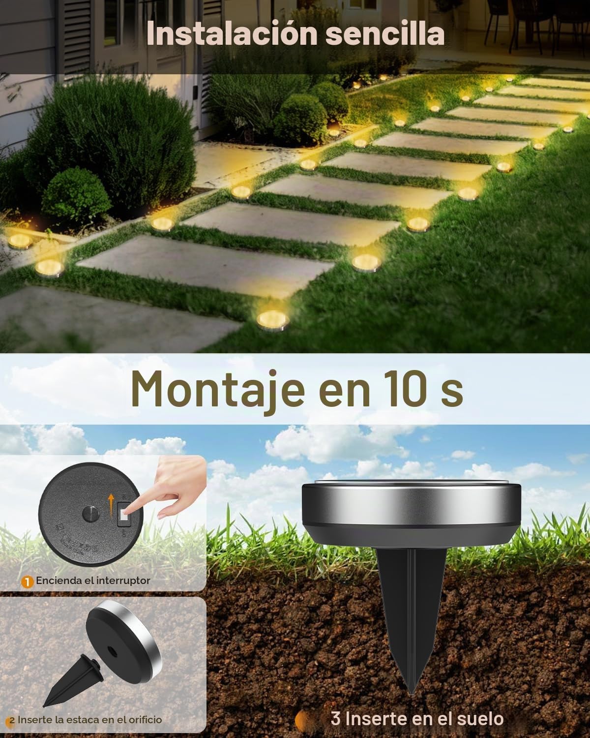 btfarm 8 Paquetes Luces Solares LED Exterior Jardin Suelo, 8 LED Luz Solar Exterior Jardin, IP65 Impermeable Lamparas Solares Suelo Camino, Césped, Patio, Terraza (Blanco Cálido)