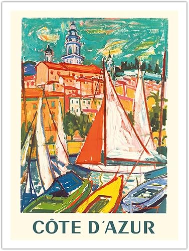 Côte D'Azur - Menton France - Póster de viaje vintage por Roger-Marcel Limouse c.1965 - Impresión de papel de bambú de 10.23 ozm (sin marco) 24 x 32