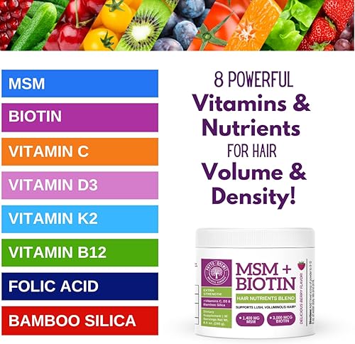 Miniatura 4 de Qhemet Biologics MSM + Biotin - Mezcla de nutrientes para el cabello, vitaminas en polvo para apoyar un volumen exuberante, sílice de bambú y