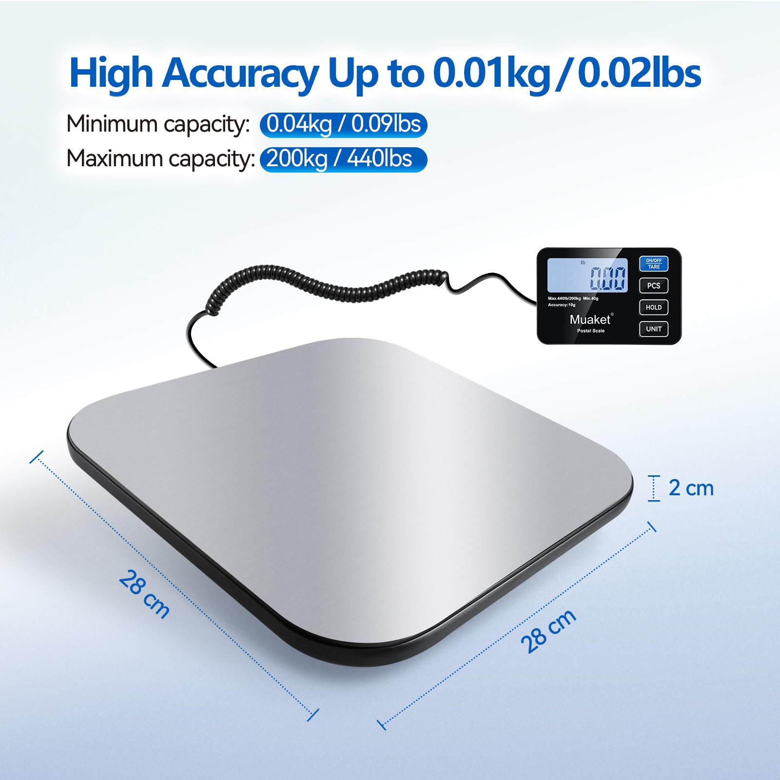 Bascula Industrial 200kg/10g, Báscula Postal Digital con Función de Retención/Tara, Bascula Maletas Viaje con Plataformas de Acero Inoxidable, Báscula para Envíos para Paquetes, Equipaje e Almacén