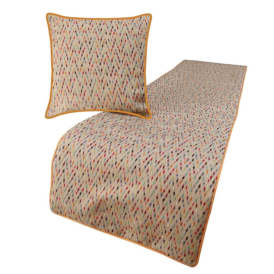 The HomeCentric King/Queen/Twin Beige & Multicolor Luxury CA King 215 x 45 cm Bed Runner With 2 Cushion cover, Chevron Embroidery Bed Scarf on Jacquard Embroidered fabric - Happy Chevy โ image 1