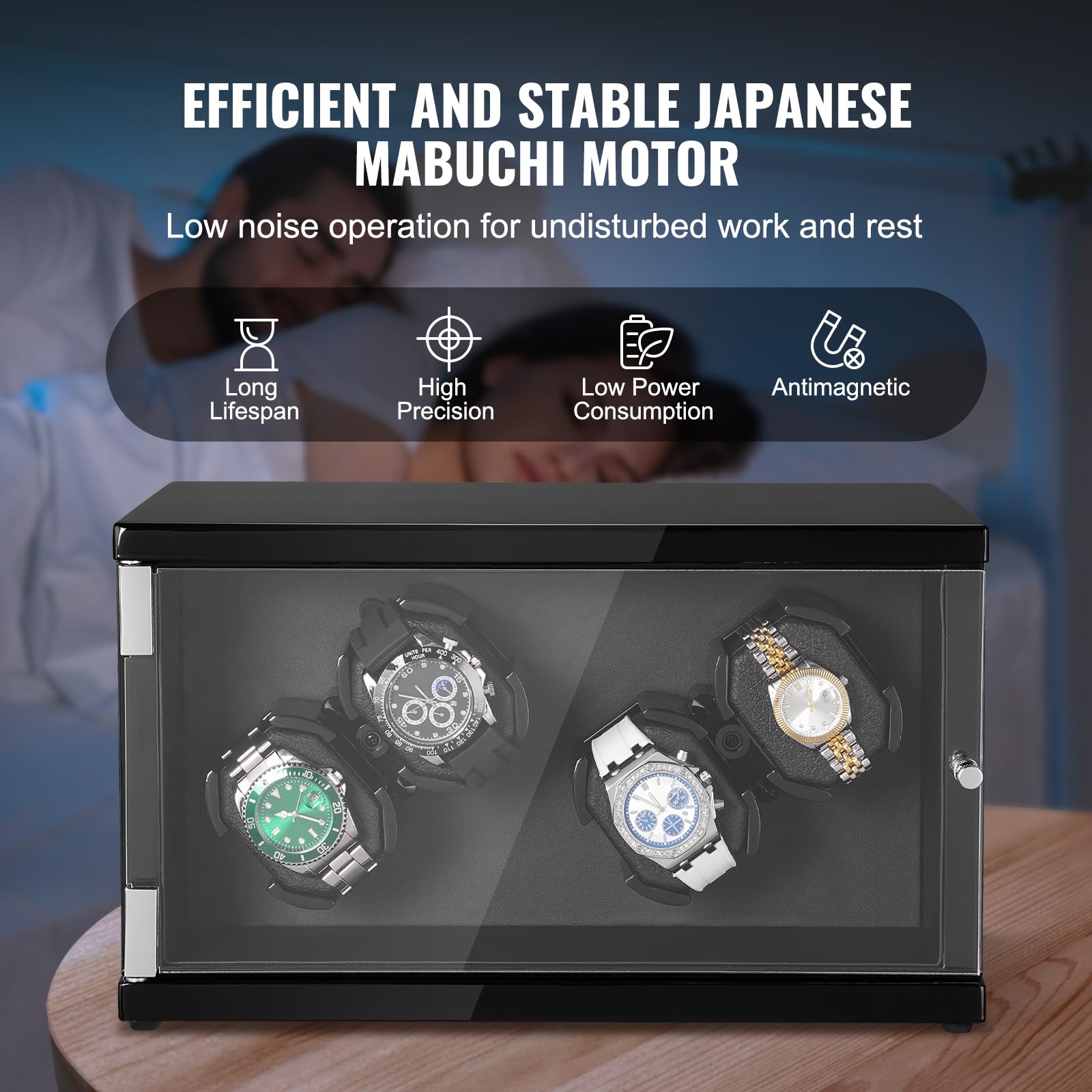 VEVOR Caricaorologi, Caricaorologi per 4 orologi automatici da uomo e da donna, con 2 motori giapponesi super silenziosi, luce LED blu e adattatore, guscio ad alta densità e PU nero