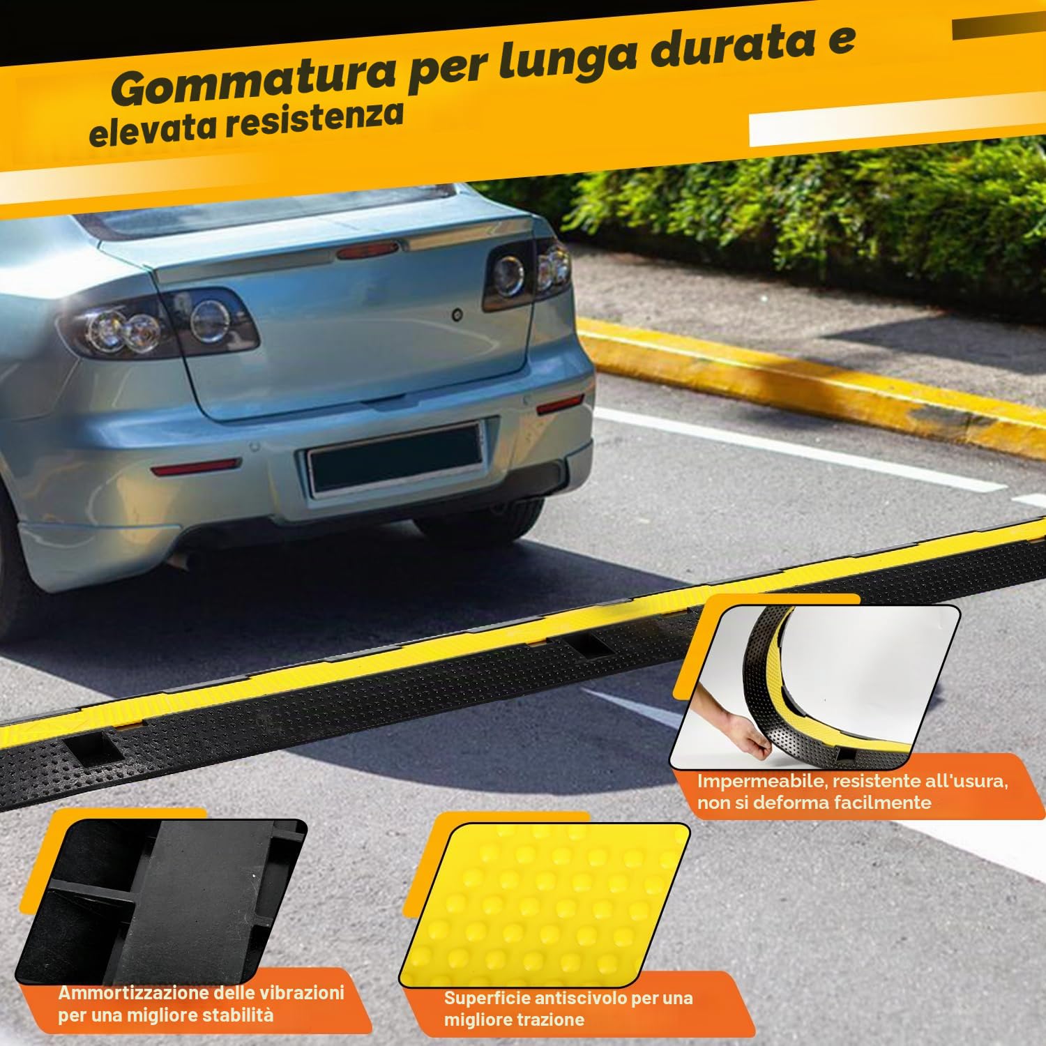 Fiqops Ponte cavi 3 pezzi 2 canali, 101 x 25 x 5 cm, ponte per cavi in gomma, design modulare, protezione per cavi per parcheggi, colore nero