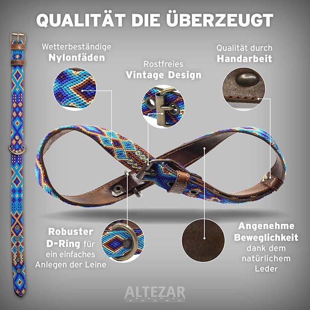Foto 3 de 7 de ALTEZAR Collar para Perro de Piel de Vacuno marrón Tribal Azul/marrón/Beige Bordado continuamente