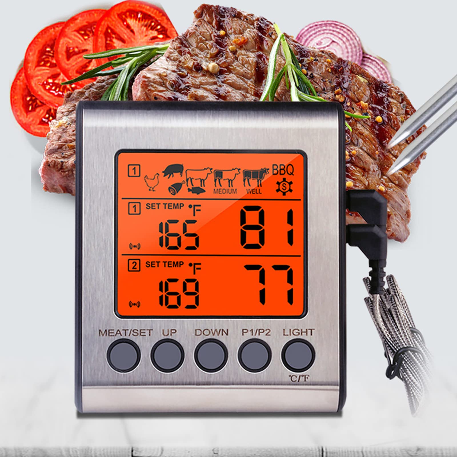 Termómetro digital para cocinar carne con sonda dual, termómetro para carne de lectura instantánea con función de alarma y calibración