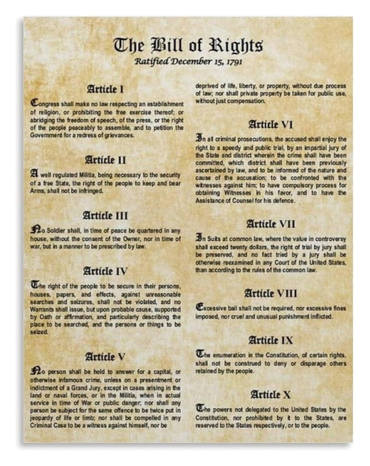 FOPURE Bill of Rights Poster Constitution History Civics Classroom Educational Wall-Art Decor(Framed,16x24inch(40x60cm))
