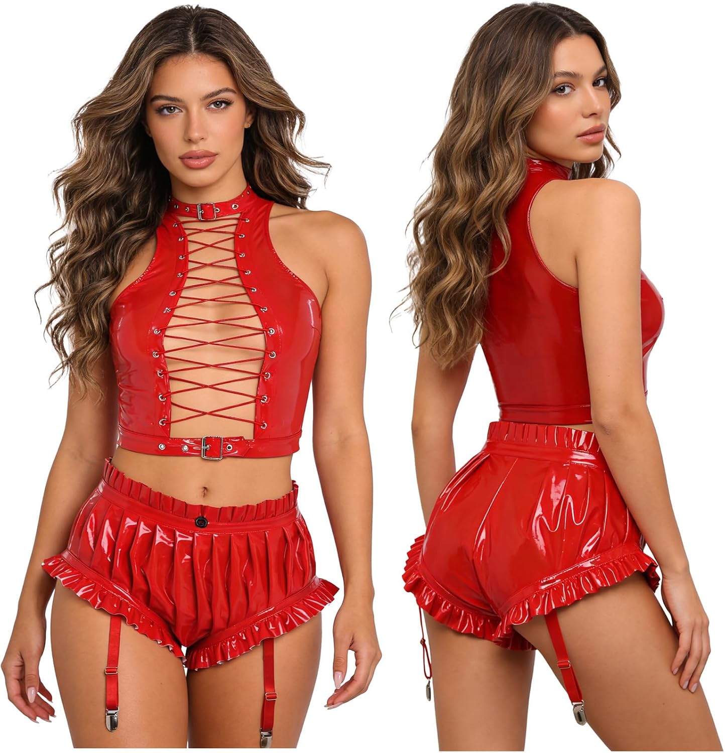 Women Lace Up Bustier Tops with Booty Shorts Night Club Matching Set Going Out Patent Leather Outfits