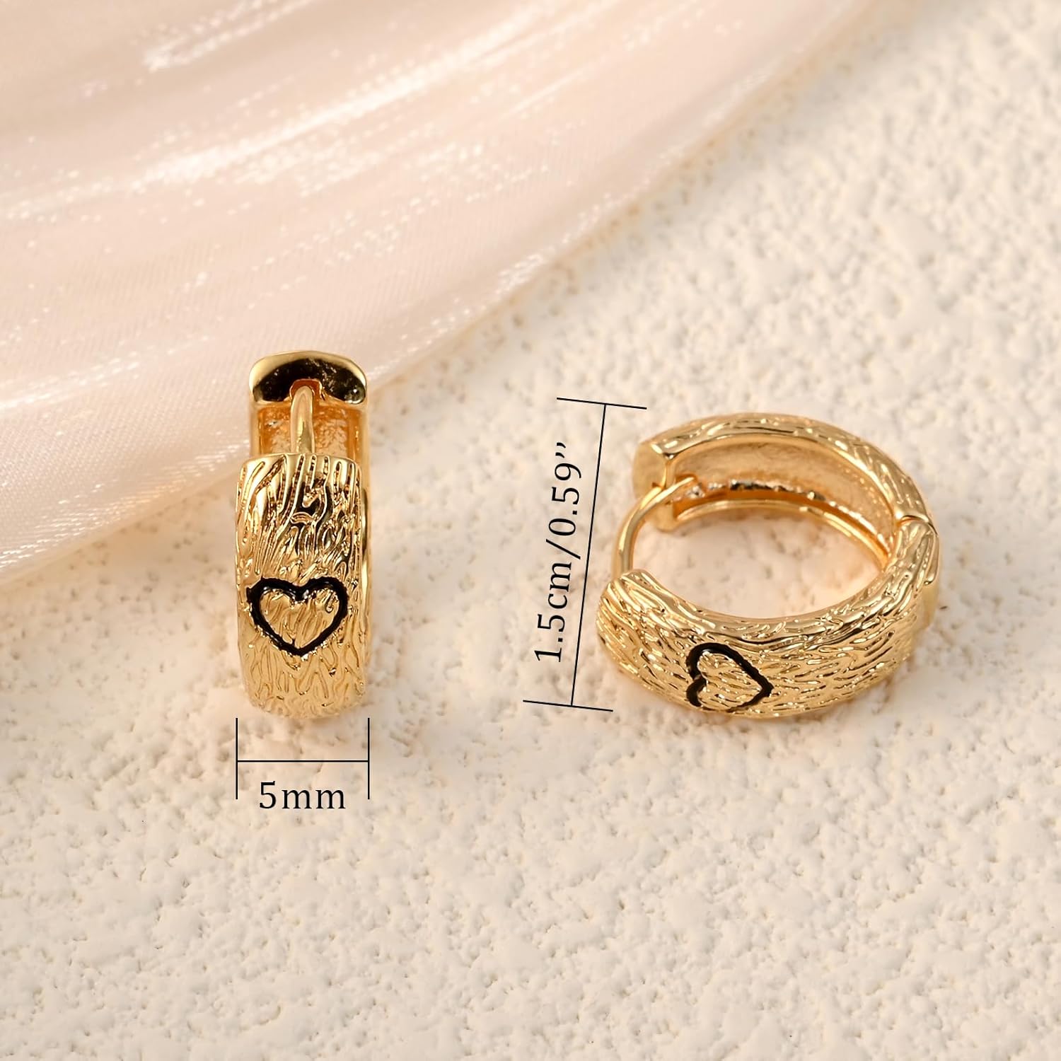 Gold Huggie Hoop Earrings for Women, Hammered Brushed Designed with Heart Small Thick Hoop Earrings for Love - Image 4