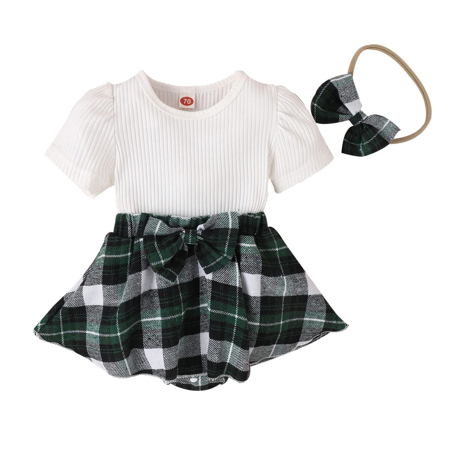 Infant Girls Short Sleeve Ribbed Plaid Romper Bodysuit Headbands 2pcs Sets Outfits Fashion Baby Girl Birth Gift (White, 0-3 Months)