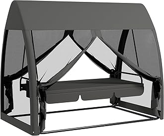 Outsunny 3 Seater Swing Chair 2 in 1 Garden Swing Seat Bed Convertible Outdoor Rocking Bench Bed with Water-Resistant Roof, Zipped Door and Mosquito Netting, Grey