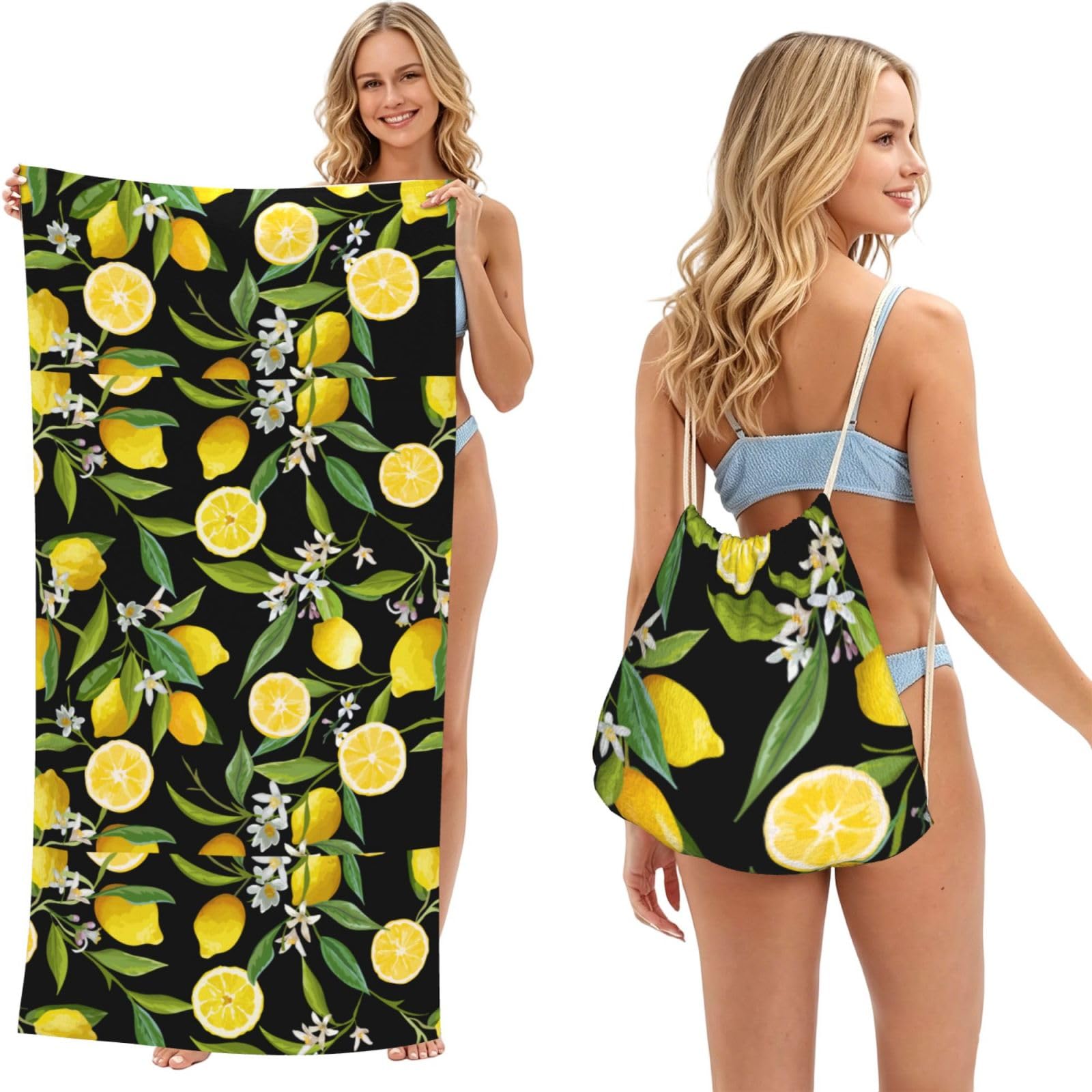 Poadnly As Picture Yellow Lemon, 2 In 1 Packable Towel Bag, Beach Towels With Drawstring Backpack For Travel Holiday Camping