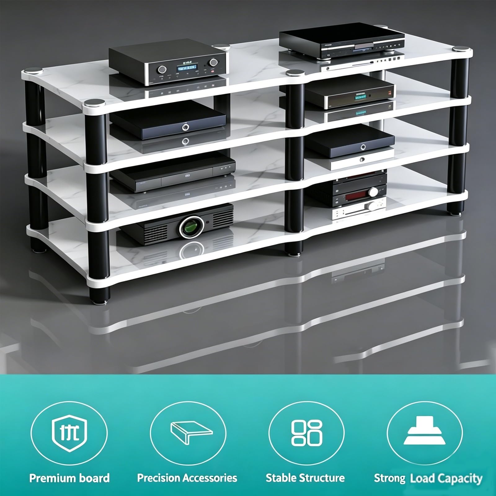 Soporte estéreo blanco de 2 niveles para reproductor de grabaciones, centro de entretenimiento con estantes, soporte multimedia AV y estante de DVD para cine en casa