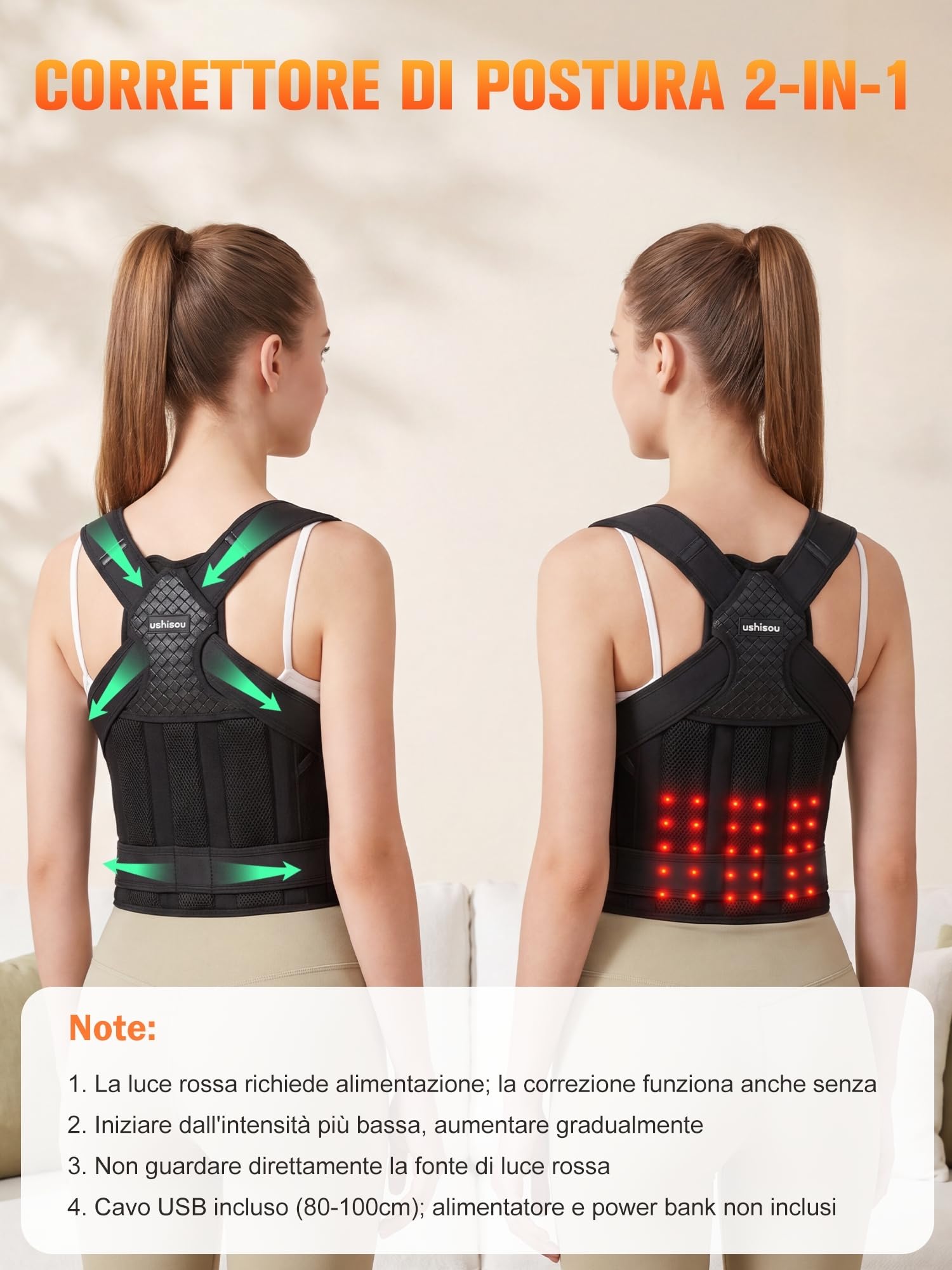 Fascia Posturale Spalle Schiena Uomo Donna - Correttore Posturale Elastico Regolabile con Funzione Luce Rossa LED e Supporto Lombare - Busto Traspirante per Raddrizza Schiena, Migliora la Postura (L)