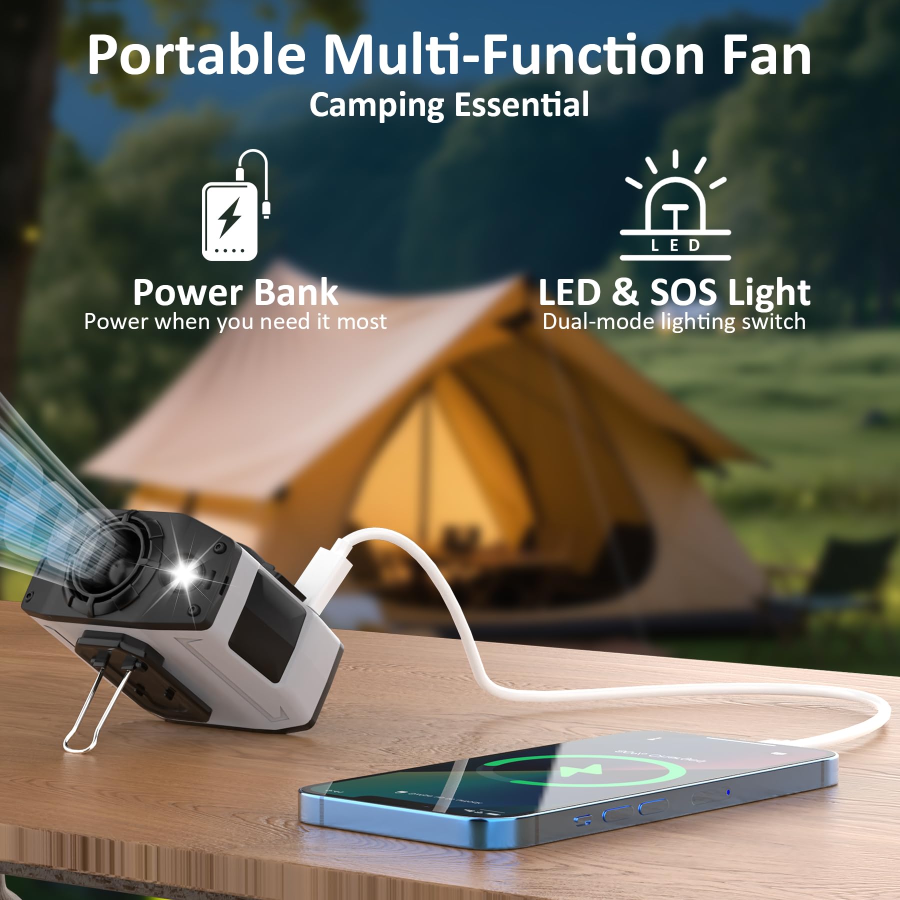 ELZO Ventilatore portatile da 10.000 mAh, con clip sulla cintura, con 5 impostazioni di velocità, funzionamento a batteria ricaricabile, torcia, collo a mani libere, raffreddamento massimo 41 ore, per
