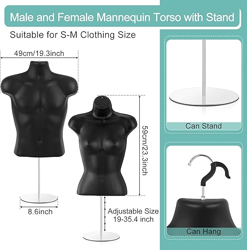 Miniatura 2 de Torso de maniquí masculino y femenino con soporte de vestido negro, maniquí con espalda hueca, conjunto de torso de cuerpo medio para exhibición de