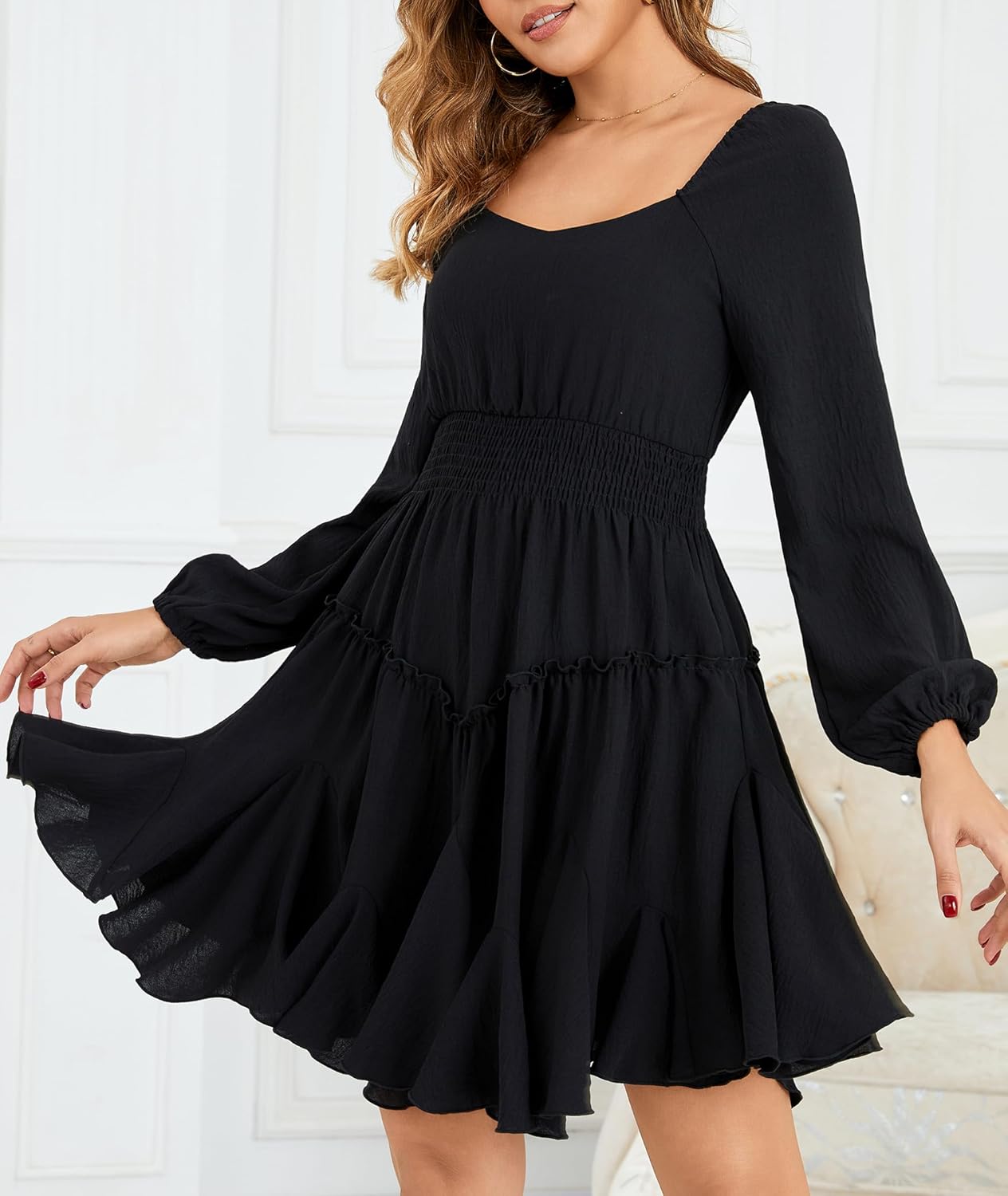 Florboom Women's Multi-Layered Hem Dress Square Neck Lantern Long Sleeve A-Line Smocked Waist Mini Dresses - Image 2