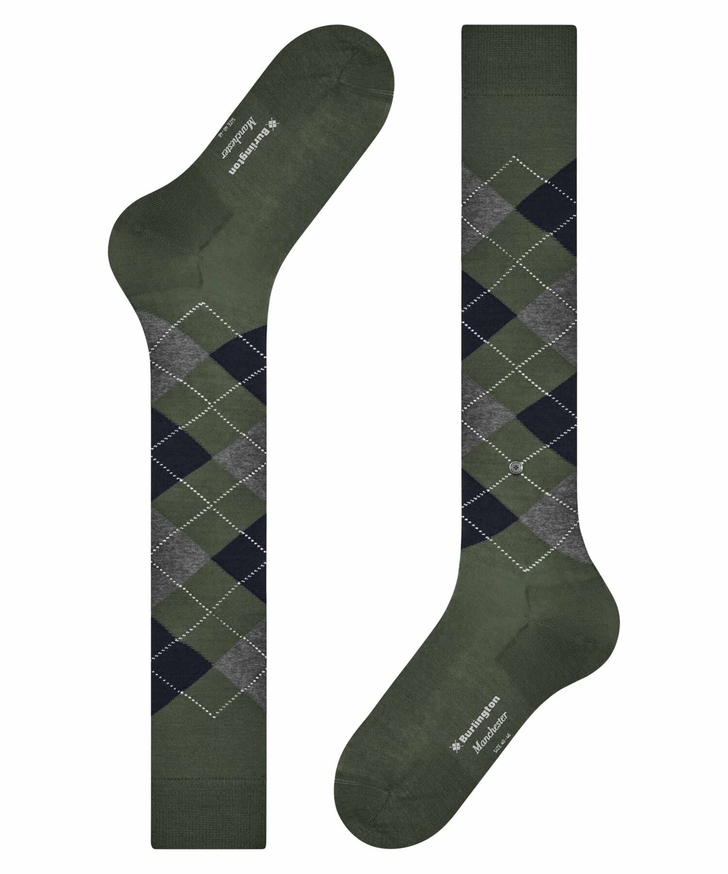 Burlington hombre Manchester calcetines largos transpirable sostenible ecológico algodón delgado costura plana en la zona de los dedos argyle patrón talla unica idea de regalo 1 par