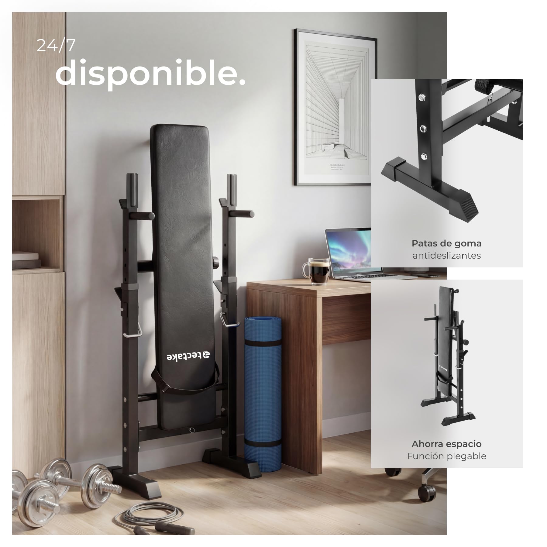 tectake® Banco de Pesas Plegable, Banco Musculación Ajustable, Ideal para Entrenamiento en Casa, Press Banca y Ejercicios de Fitness, con Soporte Barra Pesas, Capacidad de Carga: 150 kg - Negro