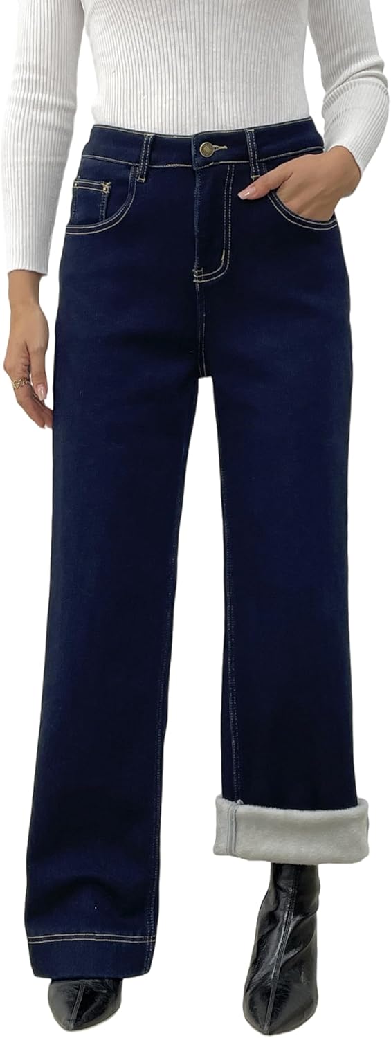 heipeiwa Women's Fleece Lined Jeans Wide Leg Baggy Winter Jeans Thermal Flannel Lined Jean Denim Pants