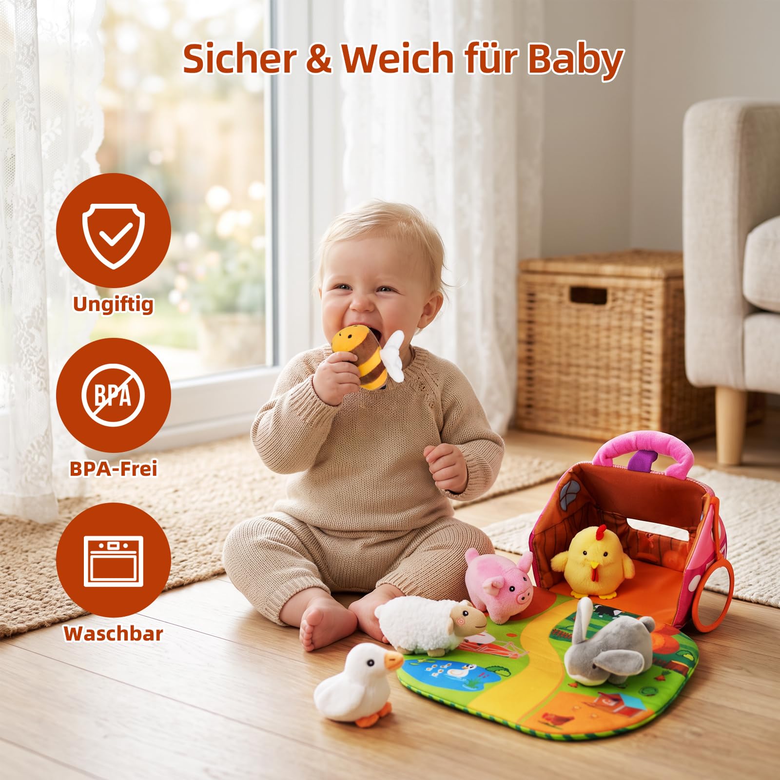 Baby Bauernhof Spielzeug ab 6 Monate, mit 6 Sensorik Plüschtiere und Faltbare Scheune, Quietsch & Rassel Montessori Spielzeug Baby, Geschenk für 6 9 12 Monate 1 Jahr Junge Mädchen