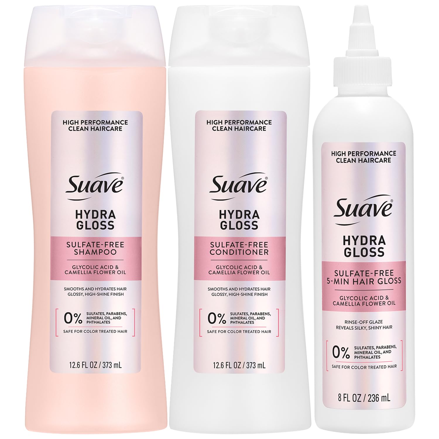 Suave Hydra Gloss Sulfate-Free Shampoo & Conditioner Set + 5-Minute Hair Gloss Glaze – Lightweight, Hydrating Hair Products with Glycolic Acid & Camellia Oil