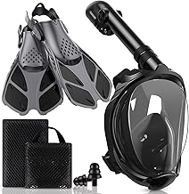 Mask Fins Snorkeling Gear for Adults, Full Face Snorkel Mask & Adjustable Swim Fins Snorkel Set, Panoramic View Snorkel Mask Dry Top Anti-Fog Anti-Leak