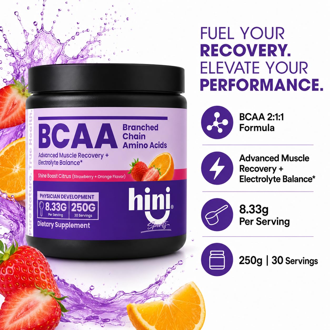 HINI BCAA Powder, 2:1:1 Branched Chain Amino Acids with Electrolytes, 6000mg BCAA Blend, L-Leucine, L-Isoleucine & L-Valine, Strawberry Orange Flavor, 250g, 30 Servings — Amazon image 2